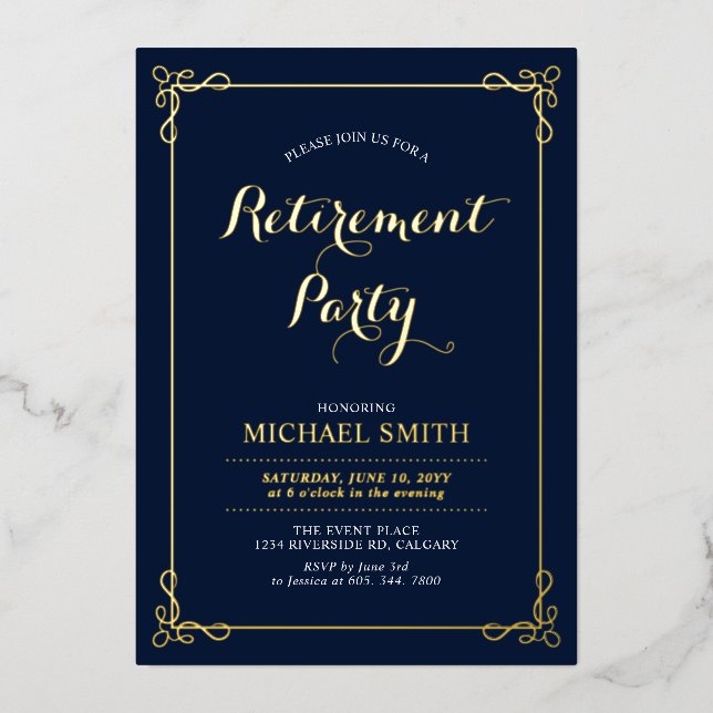 Gold & Navy | Elegant Classy Retirement Party Foil Invitation (Front)