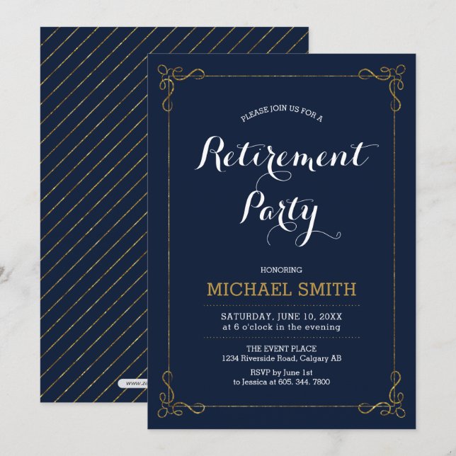 Gold & Navy | Elegant Classy Retirement Party Invitation (Front/Back)