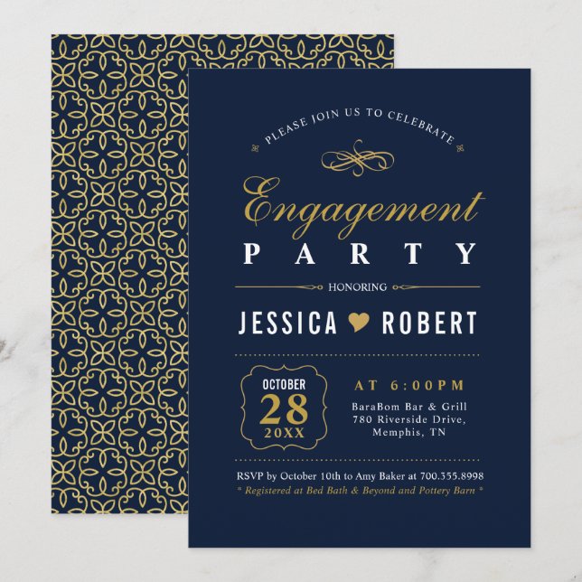 Gold & Navy | Elegant Engagement Party Invitation (Front/Back)