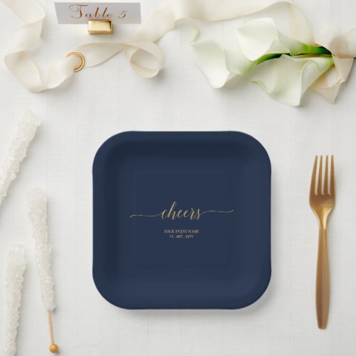 Gold  Navy Elegant Lettering Cheers Event Party Paper Plates