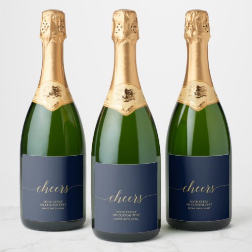 Gold  Navy Elegant Script Cheers Party Favor Sparkling Wine Label