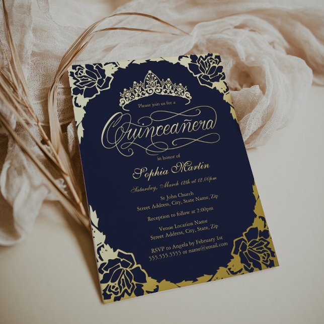 Gold Navy Elegant Script Quinceanera Birthday Foil Invitation (Creator Uploaded)
