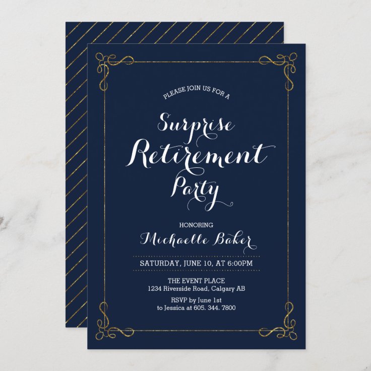 Gold & Navy | Elegant Surprise Retirement Party Invitation | Zazzle