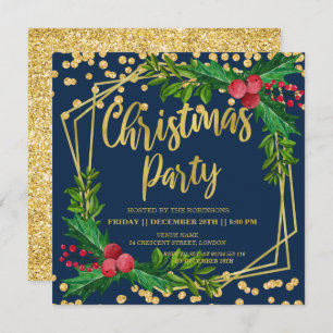 Gold Navy Festive Holly Glitter Christmas Invitation