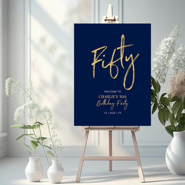 Gold & Navy Fifty 50th Birthday Party Welcome Foam Board (Creator Uploaded)