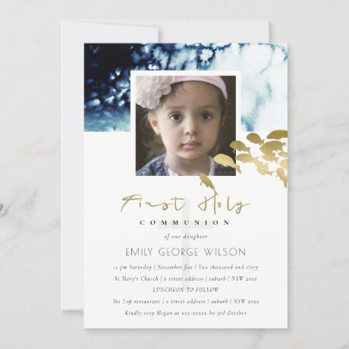 GOLD NAVY FISH PHOTO FIRST HOLY COMMUNION INVITE