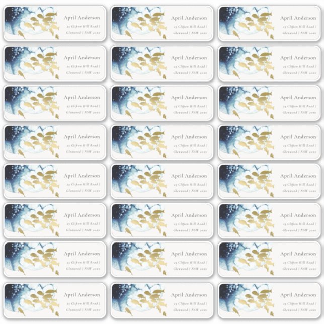 Gold Navy Fish Underwater Sea Guest Address Sticker (Front)