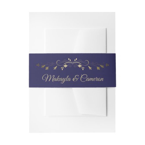 Gold  Navy Floral Border Elegant Simple Wedding Invitation Belly Band