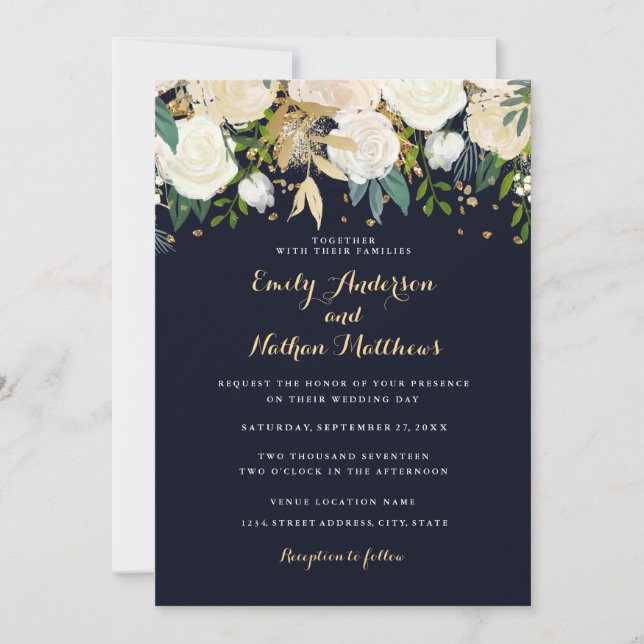 Gold Navy Floral Glitter Sparkling Wedding Invite (Front)
