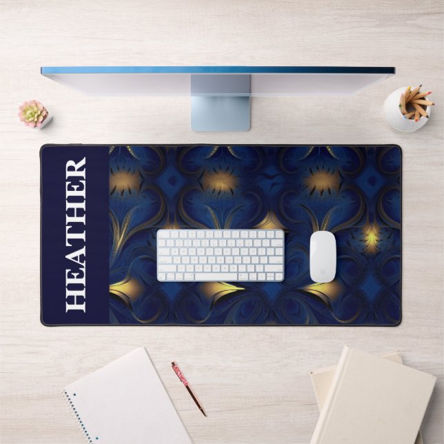 Gold Navy Fractal Monogram Name Desk Mat (Office 1)