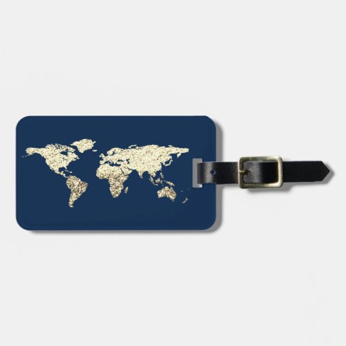 Gold Navy Globe World Map  Address Name Luggage Tag