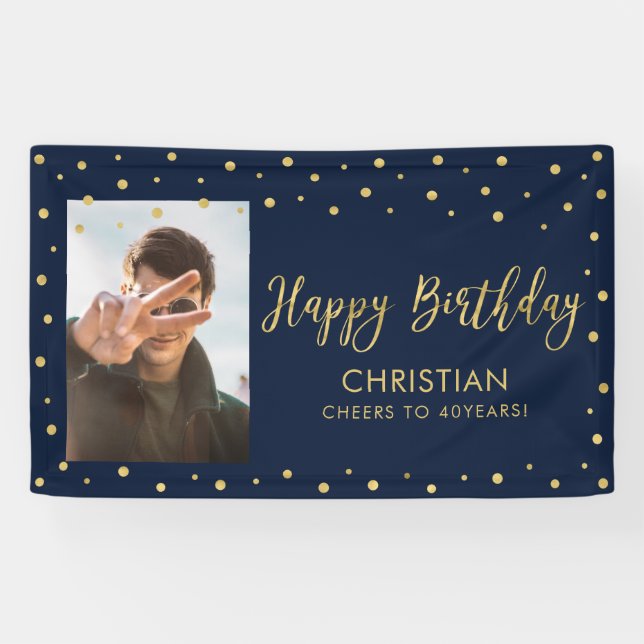 Gold & Navy | Happy Birthday Photo Banner (Horizontal)