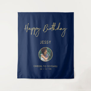 Gold & Navy Happy Birthday Photo Party Backdrop