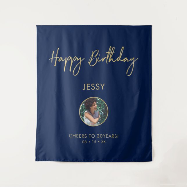 Gold & Navy Happy Birthday Photo Party Backdrop (Front)