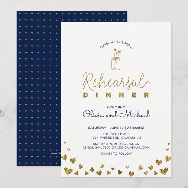 Gold & Navy | Hearts Rehearsal Dinner Invitation (Front/Back)