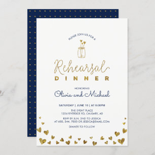 Gold & Navy Hearts Rehearsal Dinner Invitation