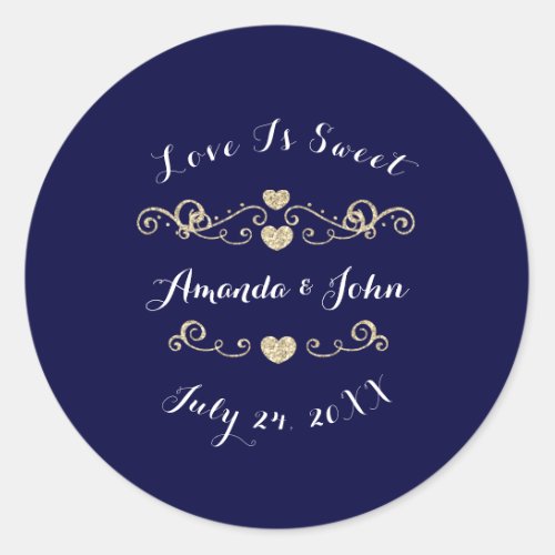 Gold Navy Hearts Save the Date Love is Sweet Classic Round Sticker