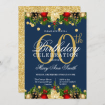 Gold & Navy Holiday Glitter 60th Birthday Party Invitation