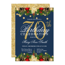 Gold & Navy Holiday Glitter 70th Birthday Party  Invitation