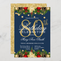 Gold & Navy Holiday Glitter 80th Birthday Party Invitation