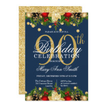 Gold & Navy Holiday Glitter 90th Birthday Party Invitation