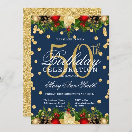 Gold  Navy Holiday Glitter Glam 50th Birthday  Invitation