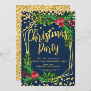 Gold Navy Holly Glitter Confetti Christmas Invitation