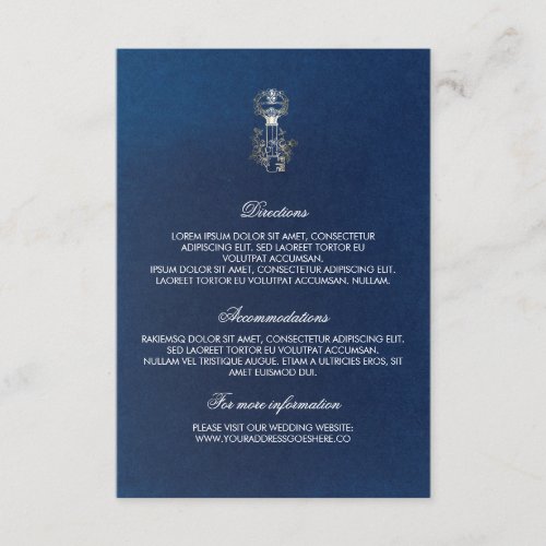 Gold Navy Key Wedding Details - Information Enclosure Card - Wedding directions - accommodations and information cards / Guest Information card / Wedding Details cards with vintage gold and navy skeleton key