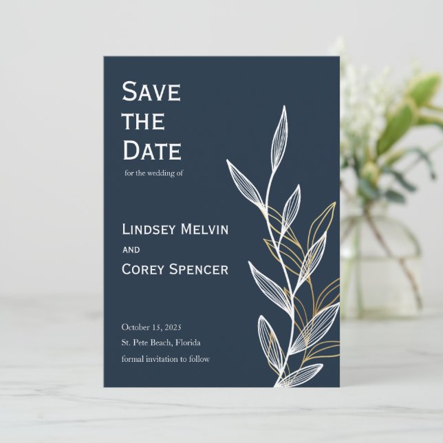 Gold Navy Leaf Wedding Save the Date Invitation (Standing Front)