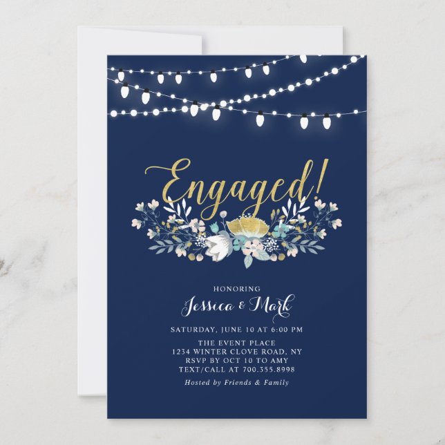 Gold & Navy | Lights Boho Floral Engagement Party  Invitation (Front)