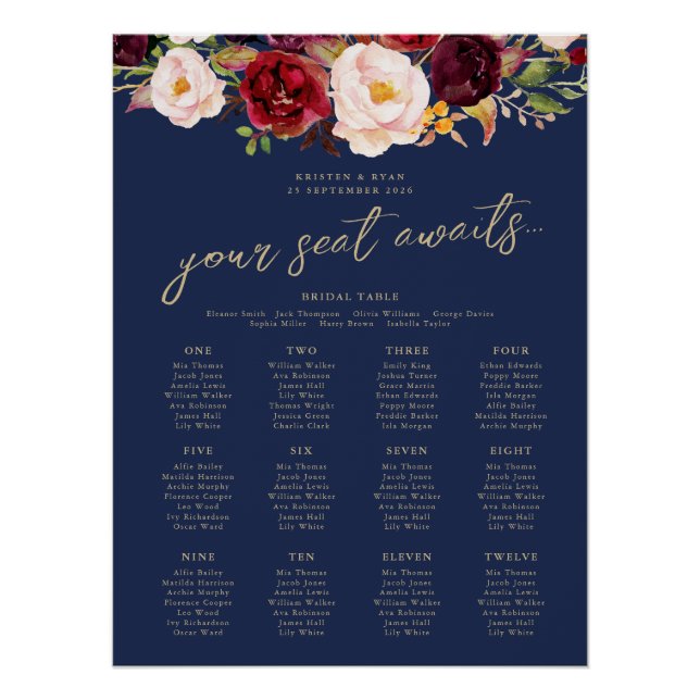 Gold Navy Marsala Wedding Welcome Sign Lucy (Front)