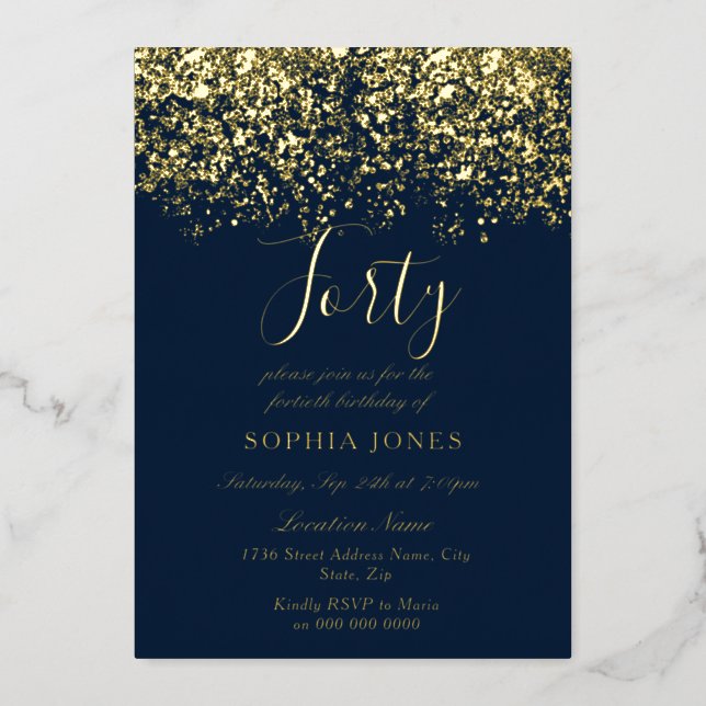Gold & Navy Mens womans 40th Birthday Party Gold Foil Invitation (Front)