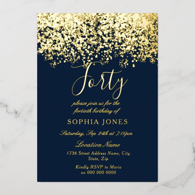 Gold & Navy Mens womans 40th Birthday Party Gold Foil Invitation (Front)