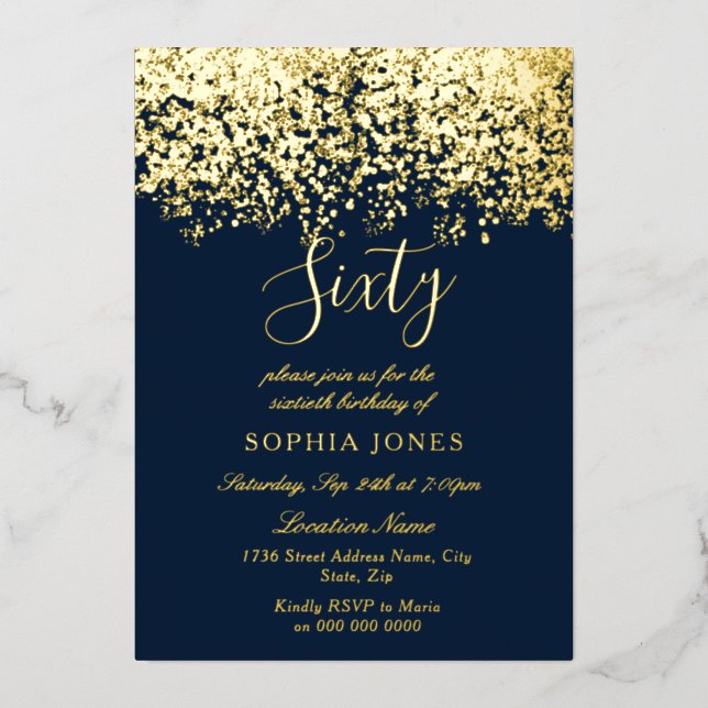 Gold & Navy Mens womans 60th Birthday Party Gold Foil Invitation (Front)