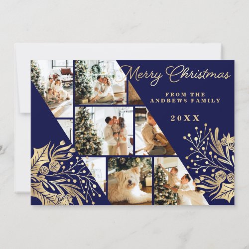 Gold Navy Merry Christmas Floral Photo Collage Holiday Card