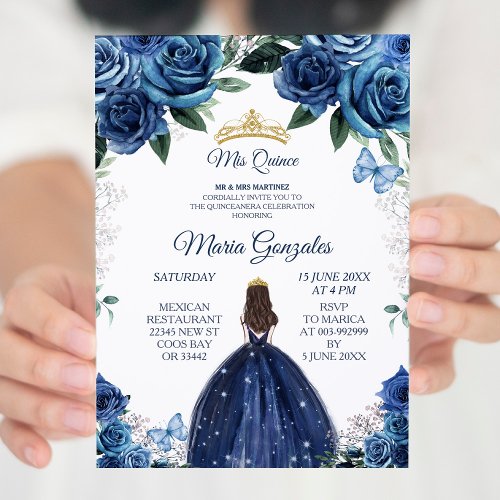 Gold  Navy Mexican Girl Princess Quinceanera Invitation