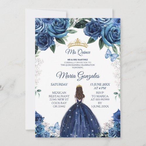 Gold  Navy Mexican Girl Princess Quinceanera Invitation