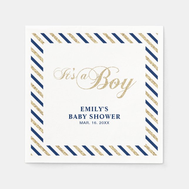 Gold & Navy | Modern Boy Baby Shower Paper Napkin (Front)