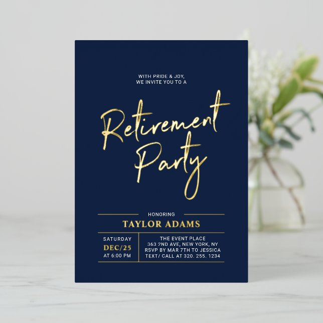 Gold & Navy Modern Brush Script Retirement Party Foil Invitation (Standing Front)