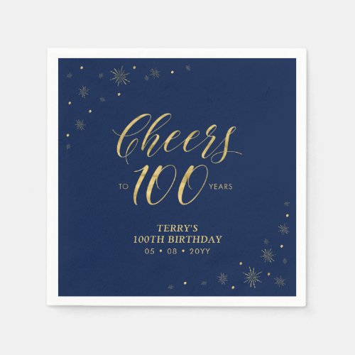 Gold  Navy  Modern Cheers 100th Birthday Party Napkins