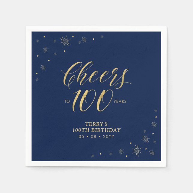 Gold & Navy | Modern Cheers 100th Birthday Party Napkins (Front)
