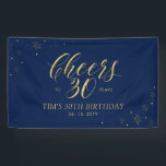 Gold & Navy Modern Cheers 30th Birthday Party Banner<br><div class="desc">This stylish party banner design features the gold typography "Cheers to 30 years" and gold sparkle graphics on a navy blue background. You can customize the text to any occasion. More birthday party banner designs are available at my shop BaraBomDesign.</div>