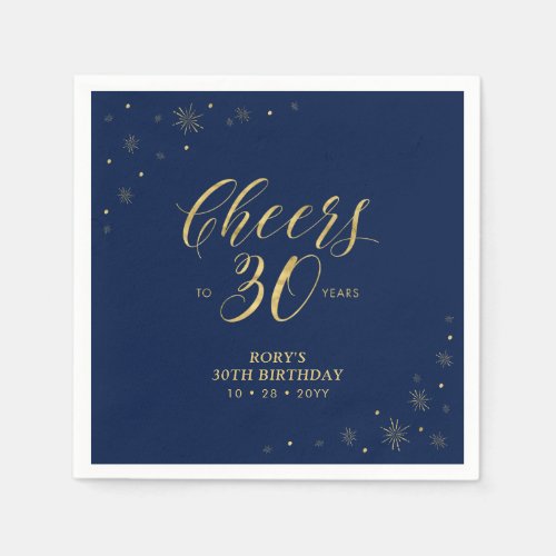 Gold  Navy  Modern Cheers 30th Birthday Party Napkins