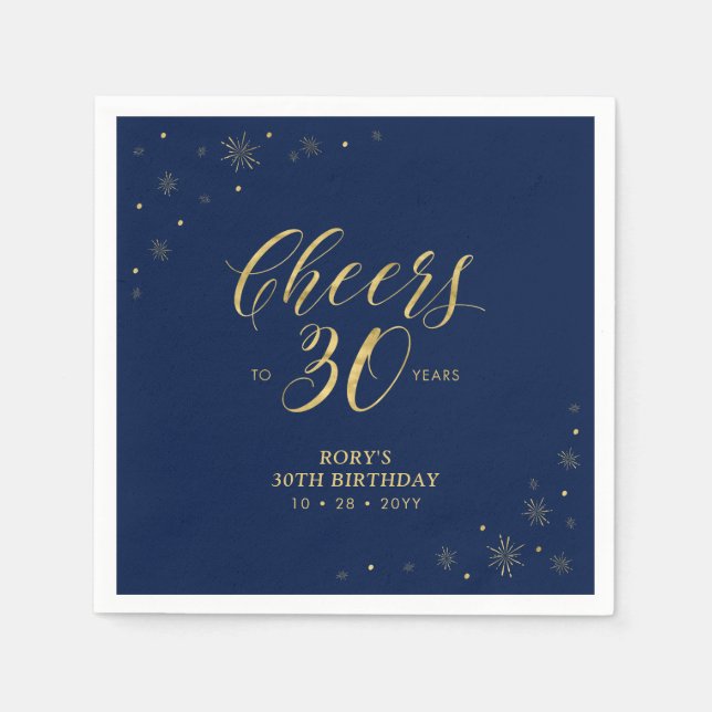 Gold & Navy | Modern Cheers 30th Birthday Party Napkins (Front)
