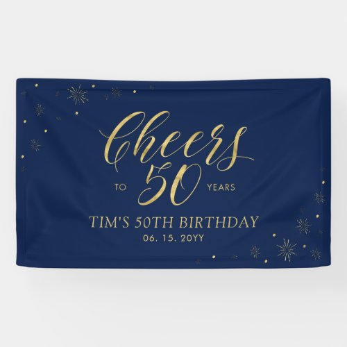 Gold  Navy Modern Cheers 50th Birthday Party Banner