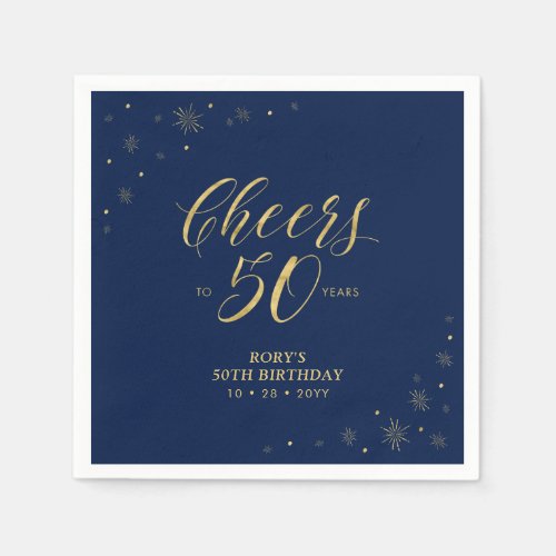 Gold  Navy  Modern Cheers 50th Birthday Party  Napkins