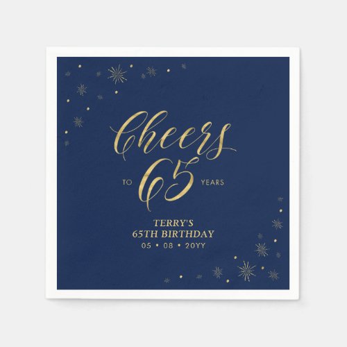 Gold  Navy  Modern Cheers 65th Birthday Party Napkins