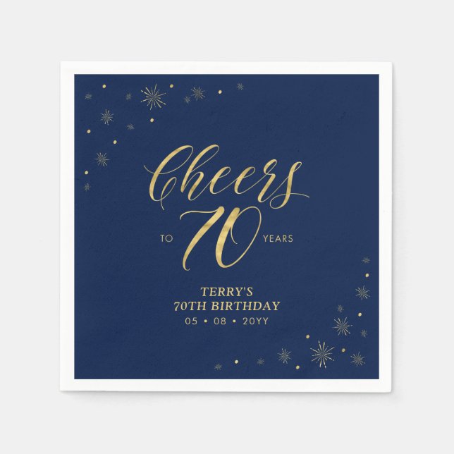 Gold & Navy | Modern Cheers 70th Birthday Party Napkins (Front)
