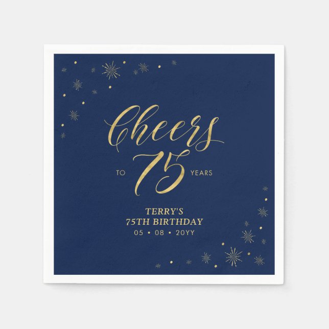 Gold & Navy | Modern Cheers 75th Birthday Party Napkins (Front)