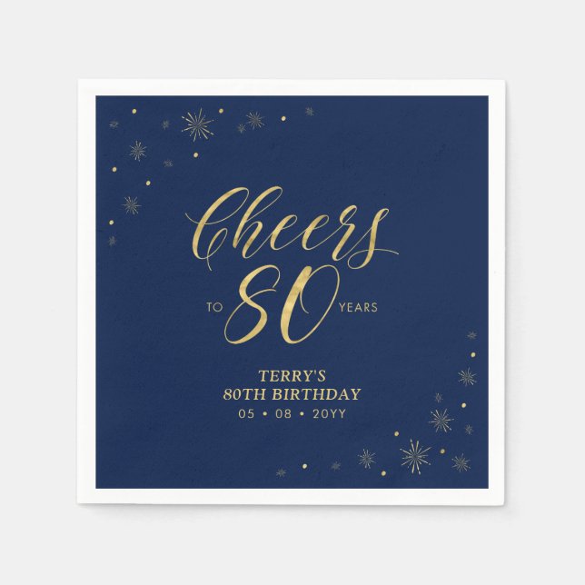 Gold & Navy | Modern Cheers 80th Birthday Party Napkins (Front)